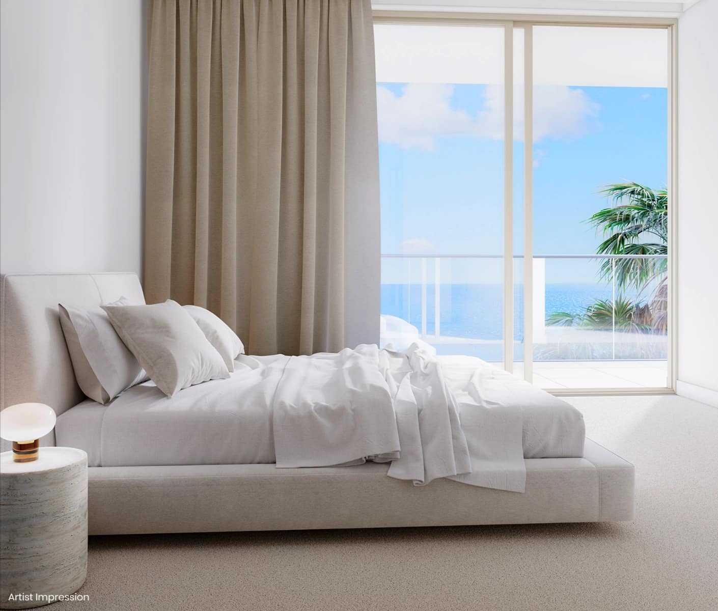 Bedroom framed by floor-to-ceiling glazing looking out to palms and the Coral Sea