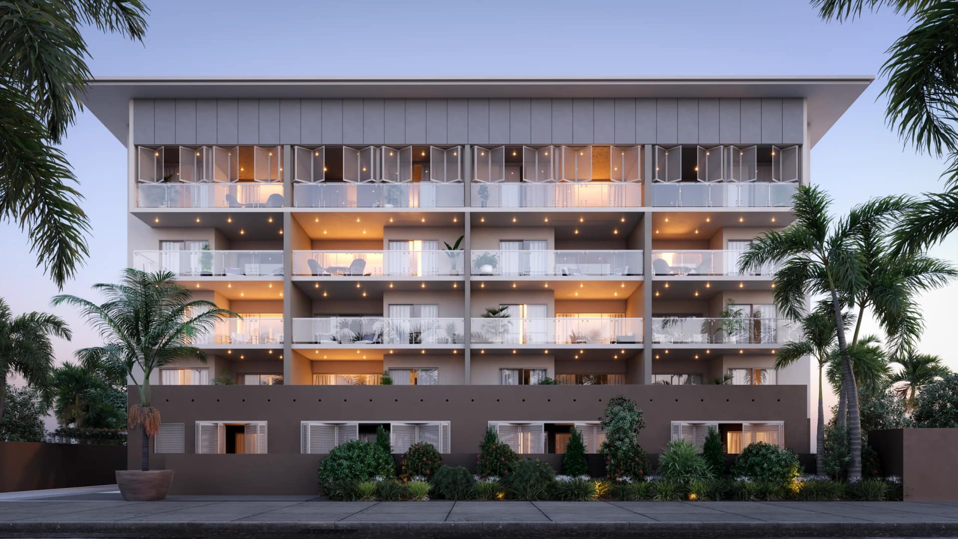 The residence seen square-on from The Esplanade — four levels of glass-balustraded balconies under a deep roof plane, framed by palms